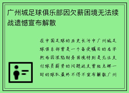 广州城足球俱乐部因欠薪困境无法续战遗憾宣布解散