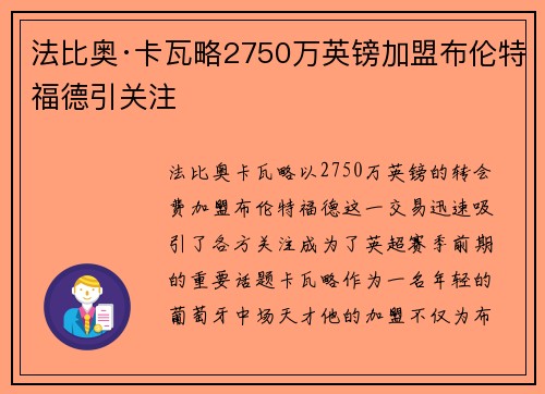 法比奥·卡瓦略2750万英镑加盟布伦特福德引关注